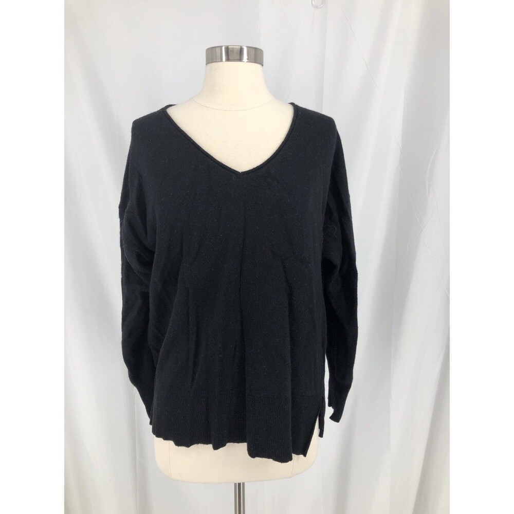 J CREW Wool Blend Knit V Neck Sweater Pullover Large Black